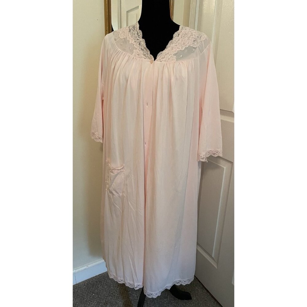 Vintage Shadowline Peignoir Set Large Pink  Robe Nightgown 70's‎ 80's Nylon Lace